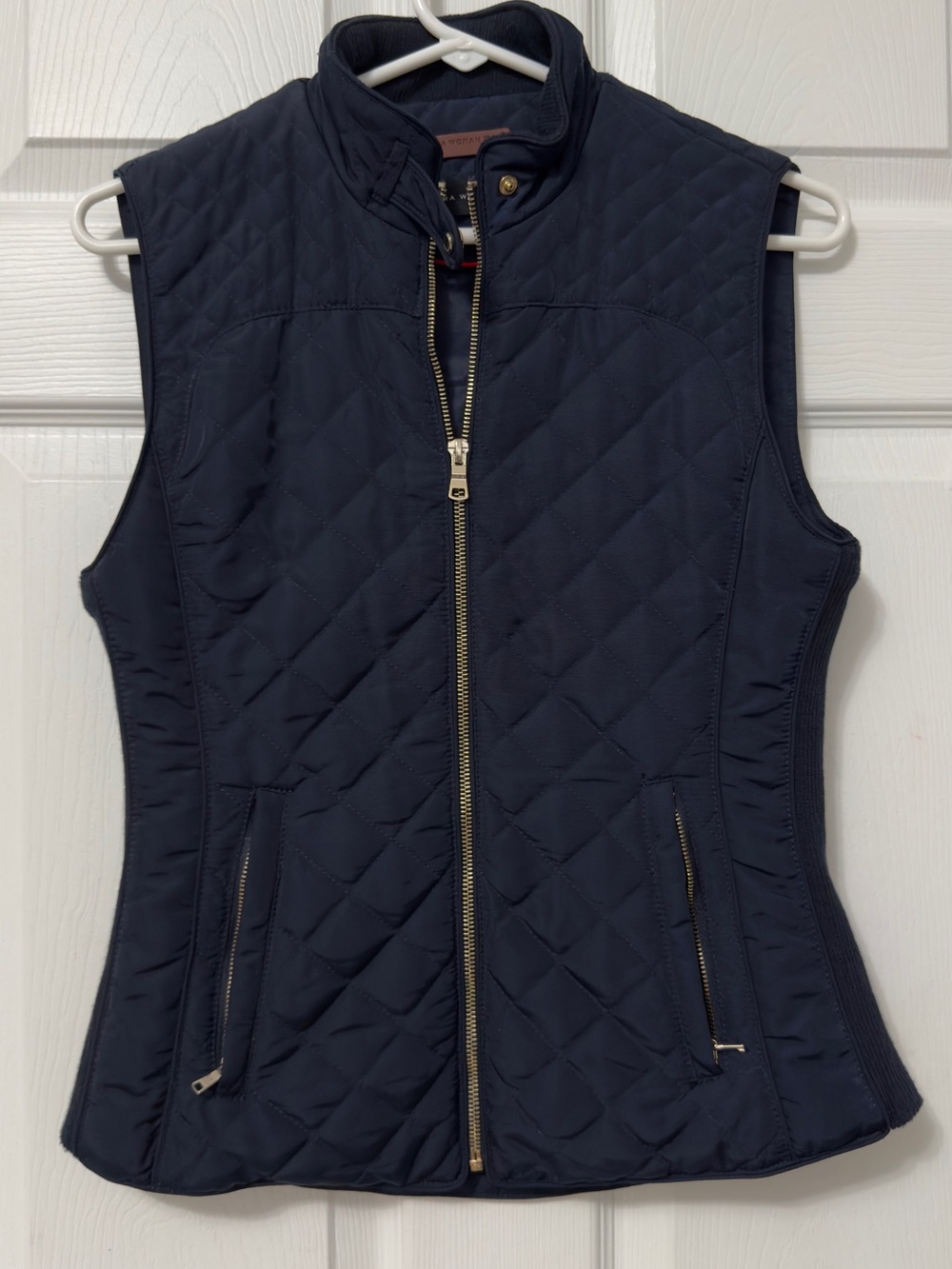 Zara Woman Navy Quilted Vest with Red Trim